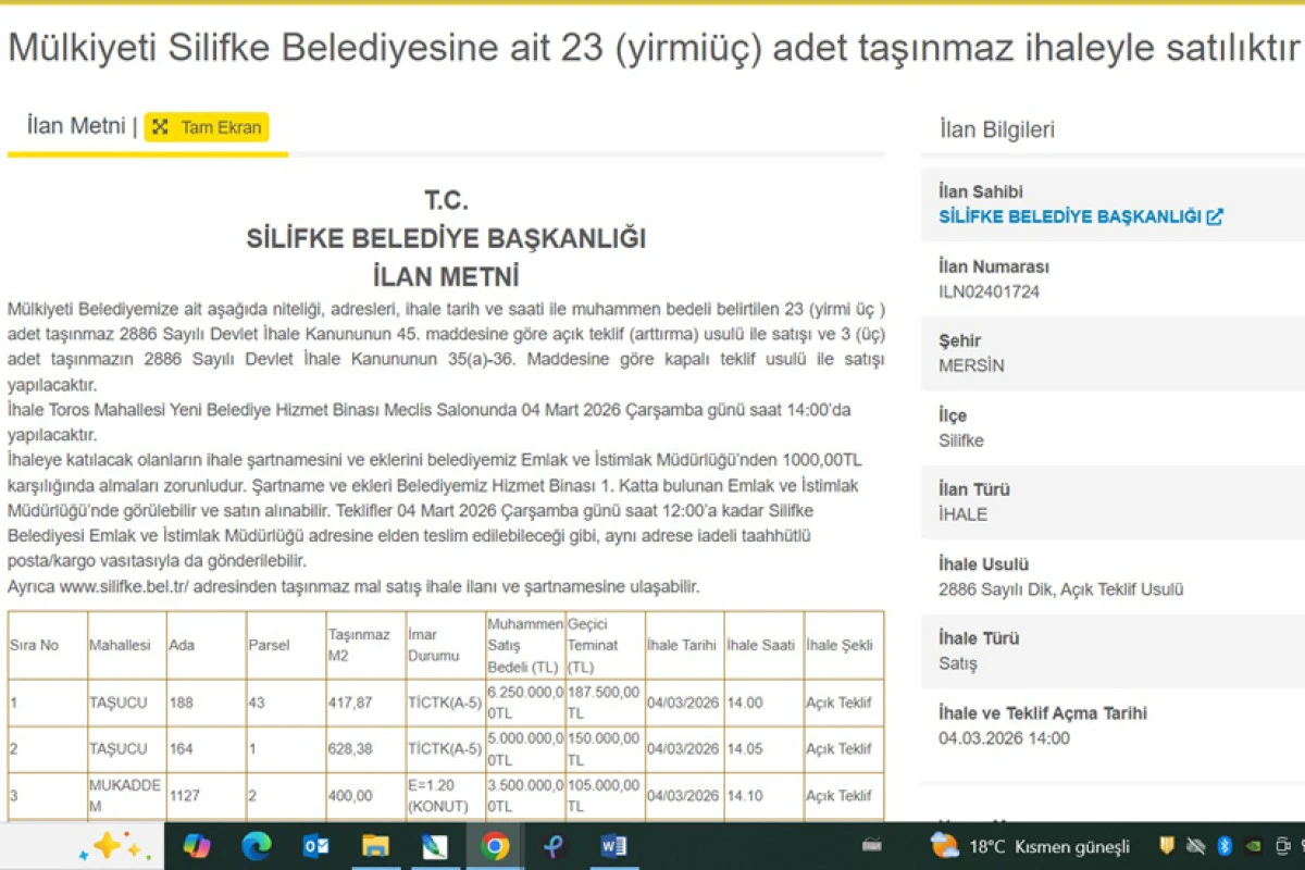 SİLİFKE BELEDİYESİ EMLAK SATIŞLARINI S&Uuml;RD&Uuml;R&Uuml;YOR!